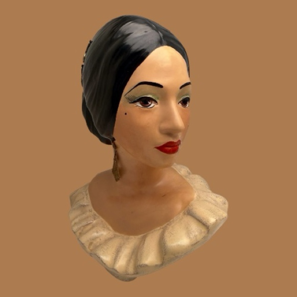 Vintage Chalkware Woman Bust Spanish Female Mid-Century 1960s 1970s